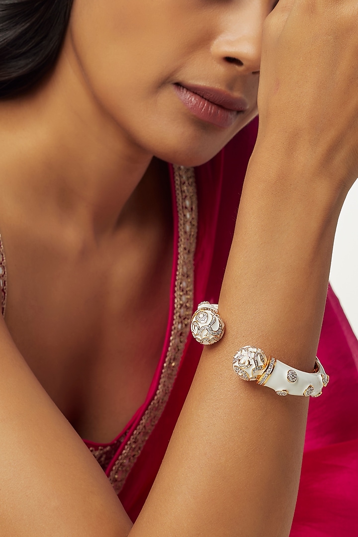 Rose Gold Finish Zircon White Enameled Bracelet by Aryah Jewels