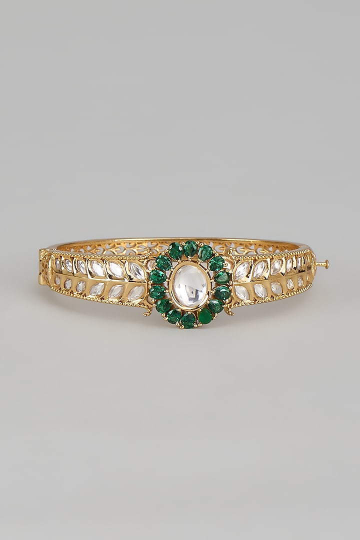 Gold Finish Uncut Kundan Polki & Emerald Stone Bracelet by Aryah Jewels