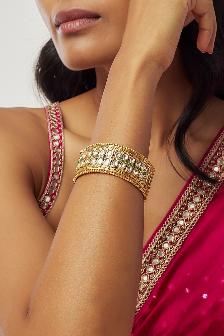 Gold Finish Kundan Polki & Ruby Stone Bracelet by Aryah Jewels