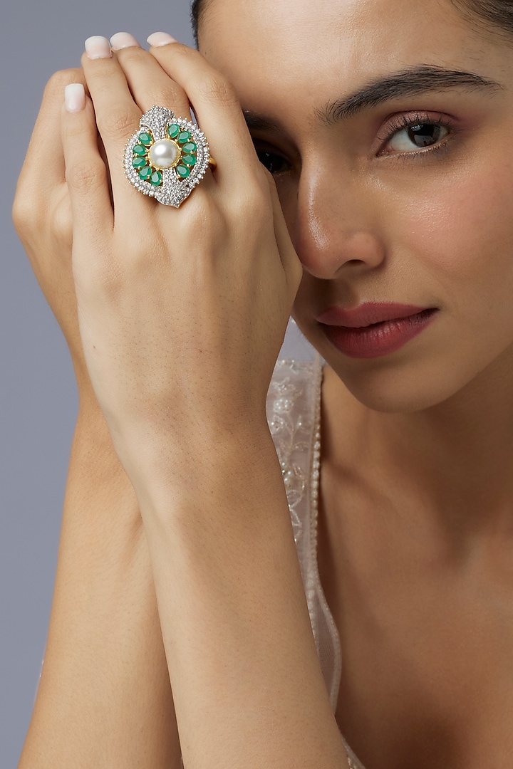 Gold Finish Zircon & Emerald Stone Ring by Aryah Jewels