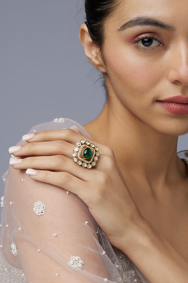 Gold Finish Kundan Polki & Emerald Stone Ring by Aryah Jewels