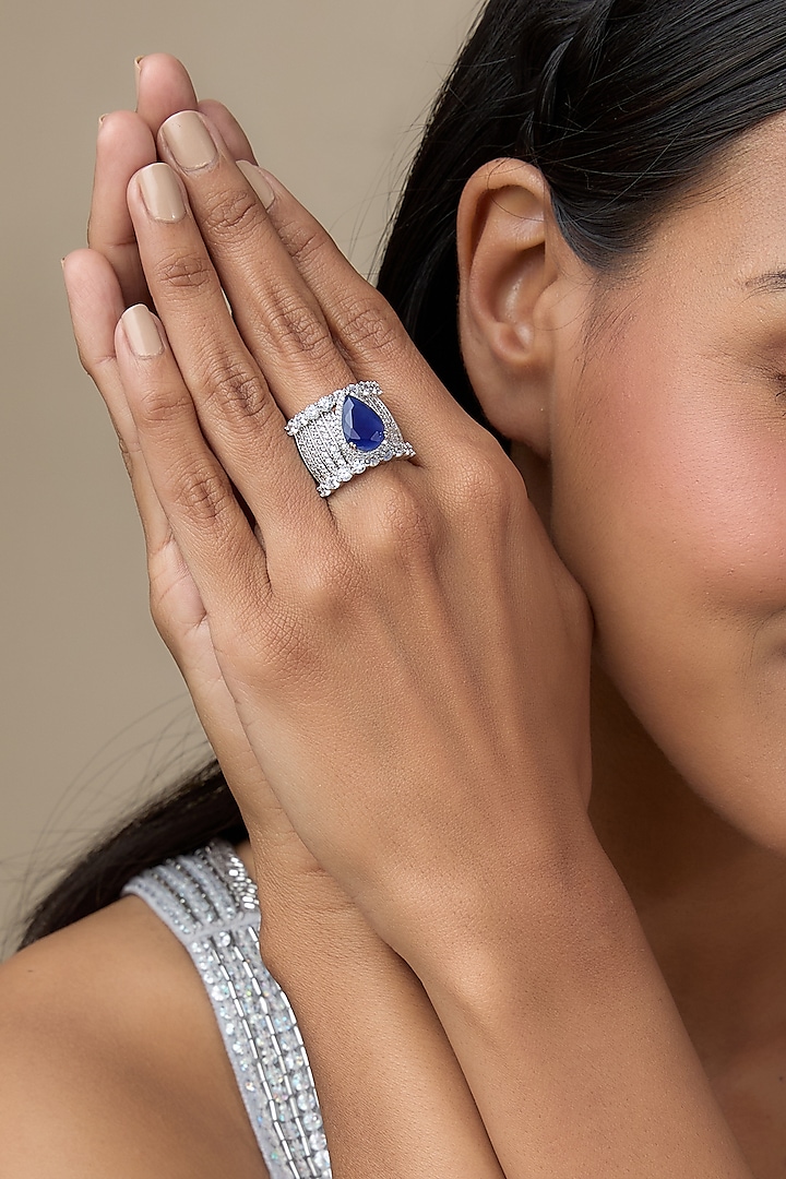 White Finish Zircon & Blue Stone Ring by Aryah Jewels
