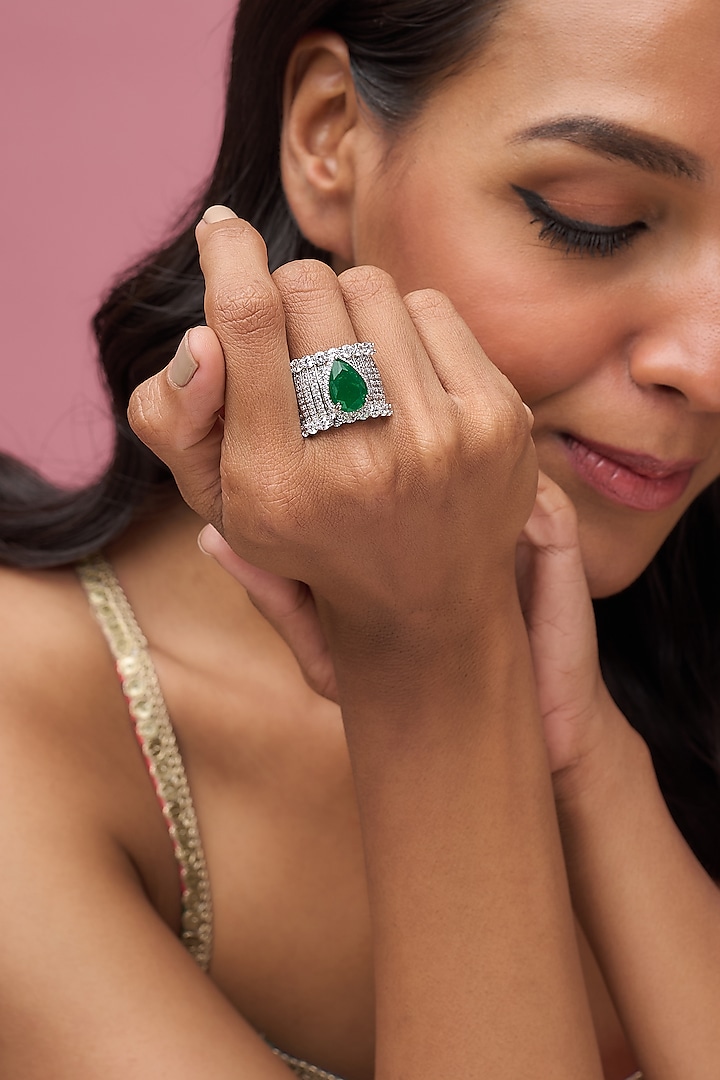White Finish Zircon & Green Stone Ring by Aryah Jewels