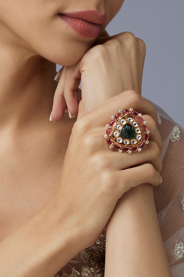 Gold Finish Onion Pink & Emerald Stone Ring by Aryah Jewels