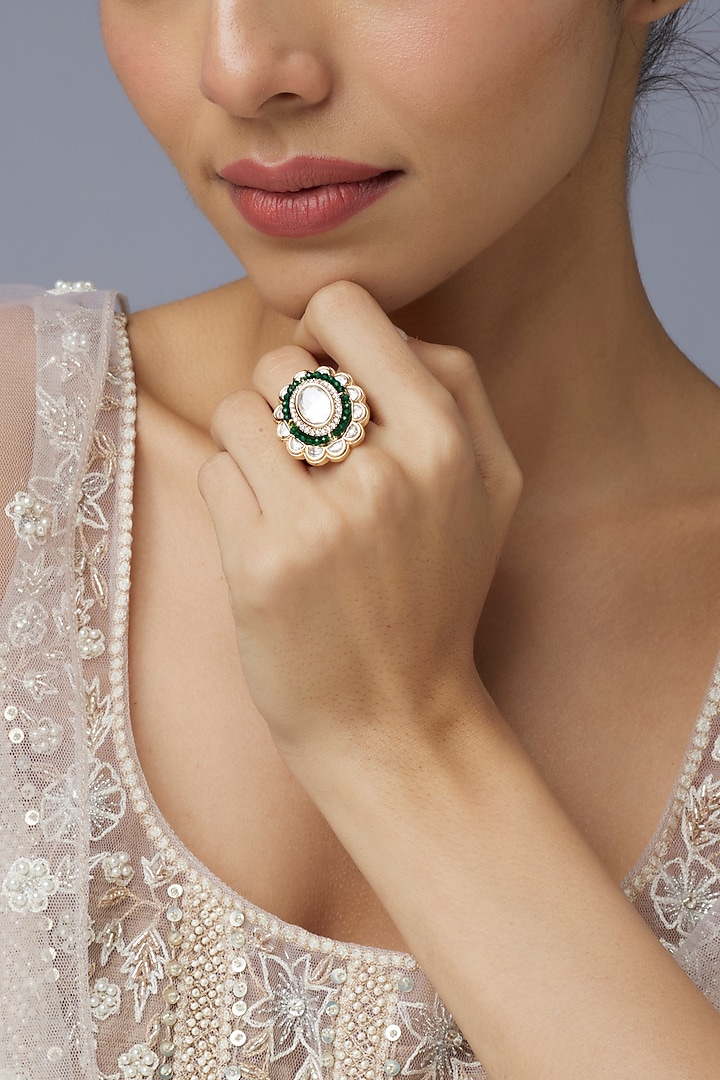 Gold Finish Kundan Polki & Emerald Stone Ring by Aryah Jewels