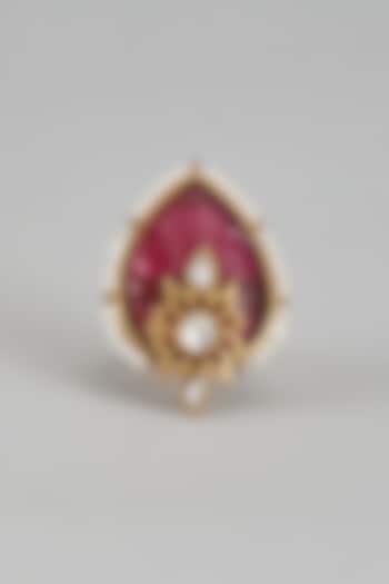 Gold Finish Pearl & Ruby Stone Temple Ring by Aryah Jewels at Pernia's Pop Up Shop