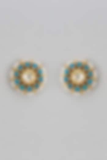 Gold Finish Pearl & Stone Enamelled Stud Earrings by Aryah Jewels