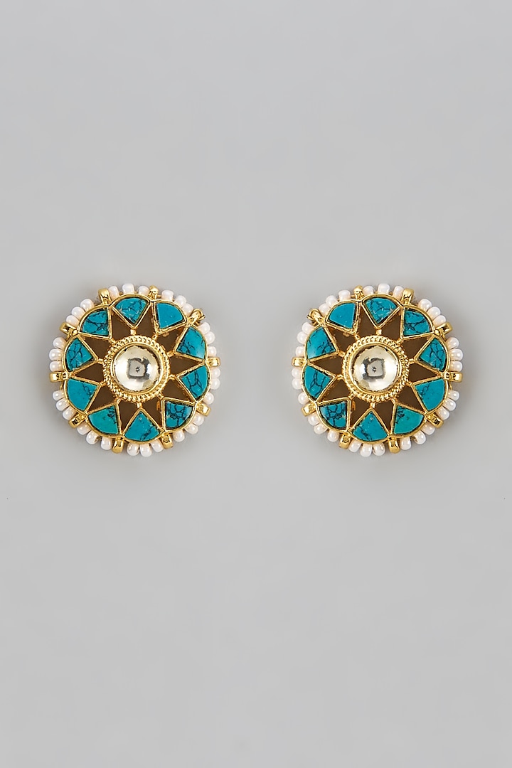 Gold Finish Pearl & Stone Enamelled Stud Earrings by Aryah Jewels