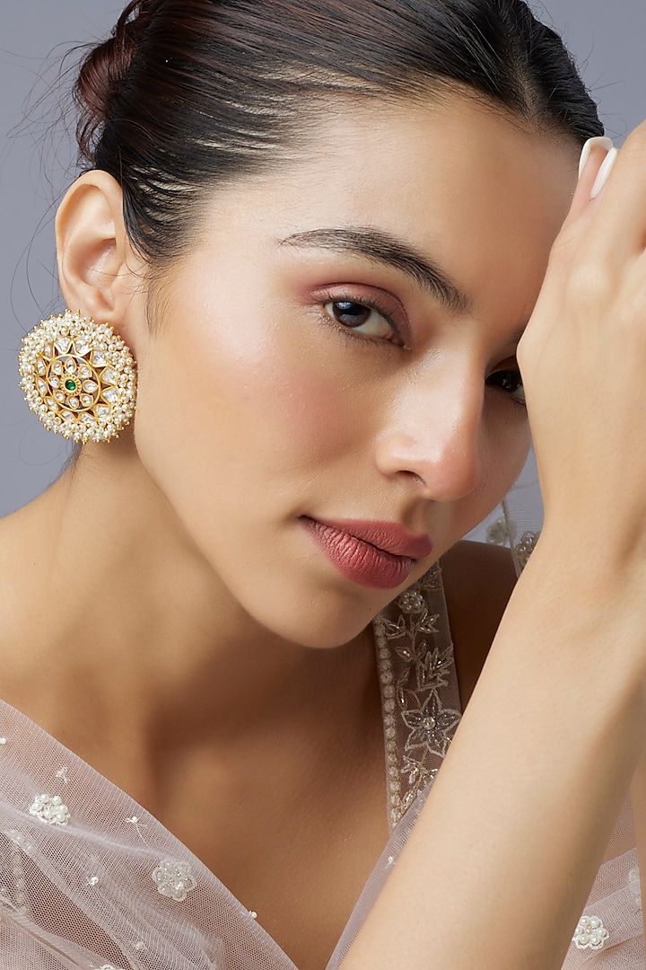 Gold Finish Kundan Polki & Pearl Stud Earrings by Aryah Jewels