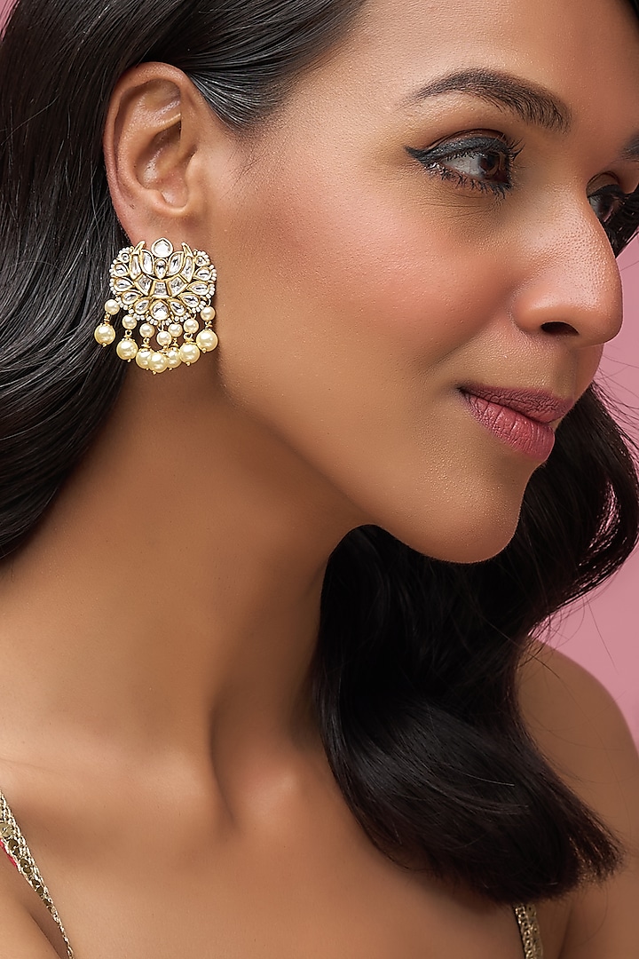 Gold Finish Kundan Polki & Uncut Stone Stud Earrings by Aryah Jewels