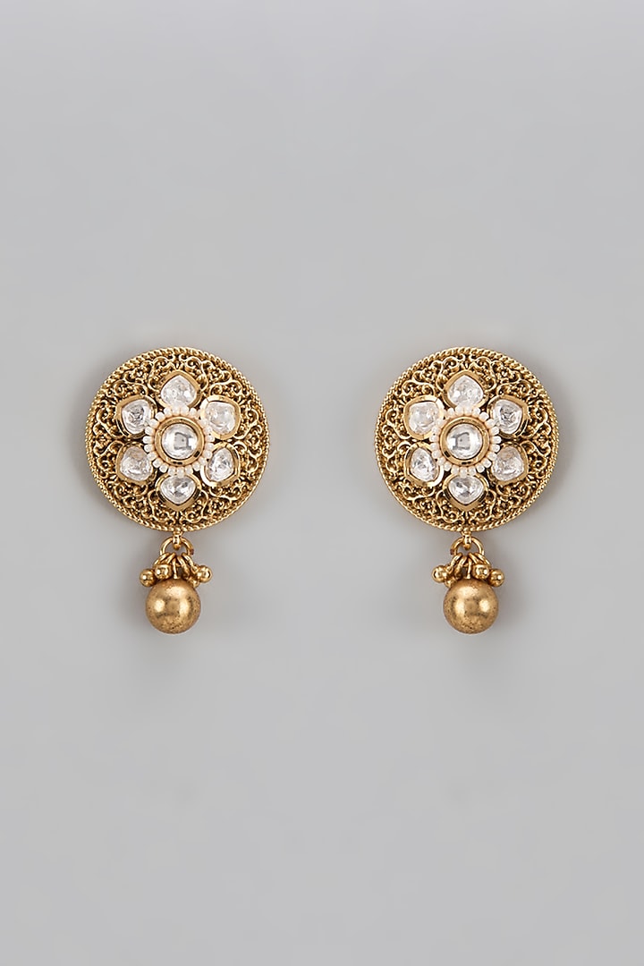 Gold Finish Kundan Polki Stud Earrings by Aryah Jewels