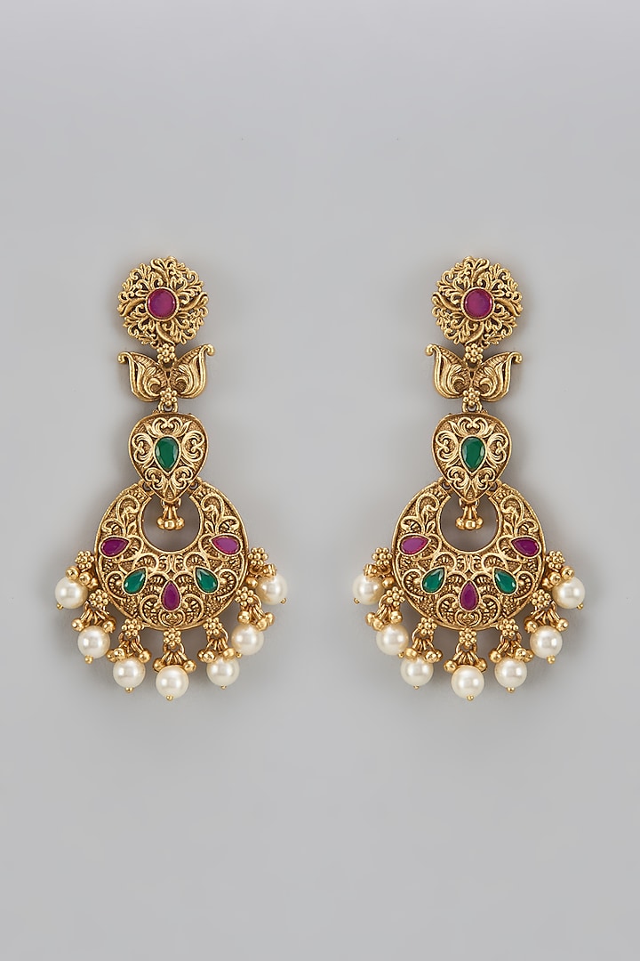 Gold Finish Stone & Pearl Dangler Earrings by Aryah Jewels