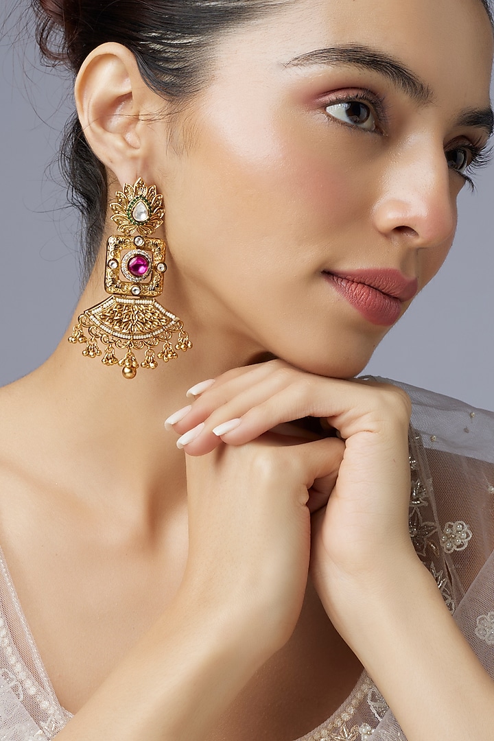 Gold Finish Synthetic Stone Temple Dangler Earrings by Aryah Jewels