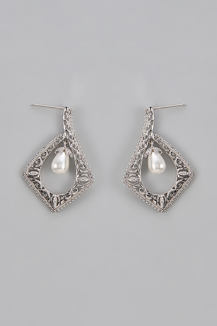 White Finish Diamond & Pearl Hoop Earrings by Aryah Jewels