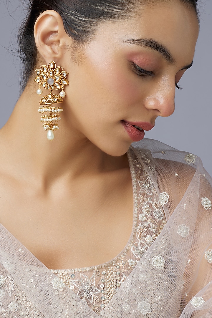 Gold Finish Aqua Stone & Kundan Polki Jhumka Earrings by Aryah Jewels