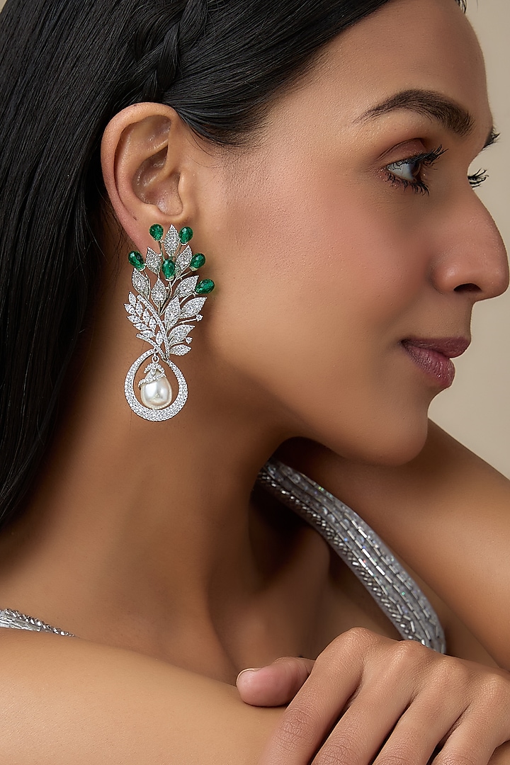White Rhodium Finish Diamond & Green Stone Dangler Earrings by Aryah Jewels