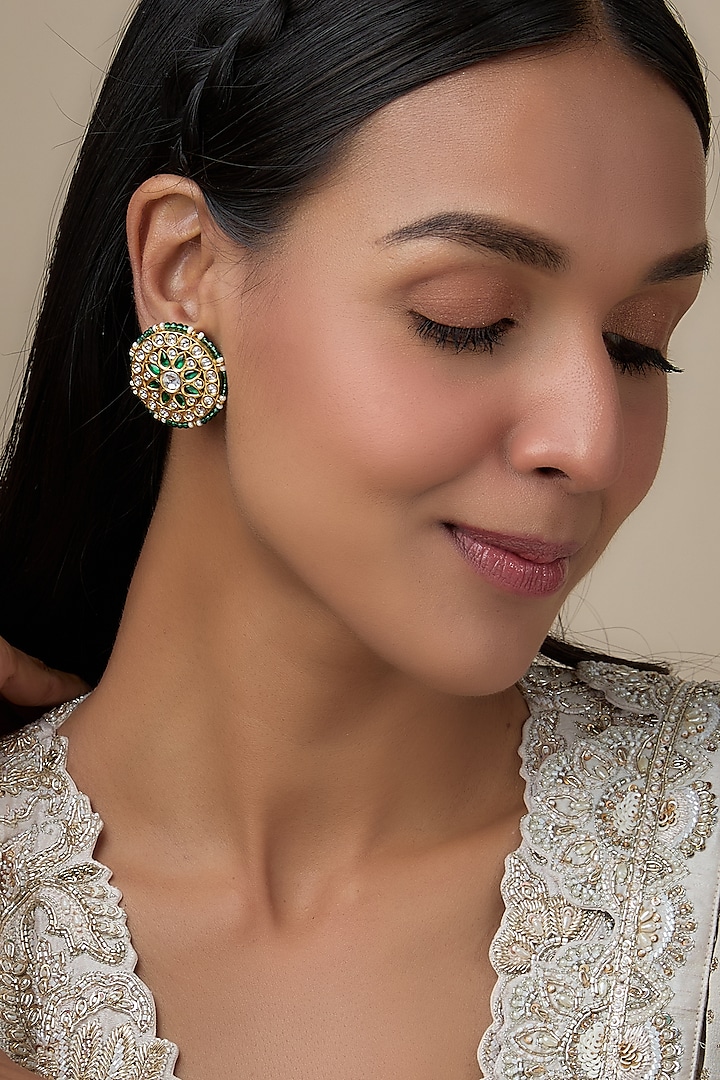 Gold Finish Uncut Stone & Green Pearl Stud Earrings by Aryah Jewels