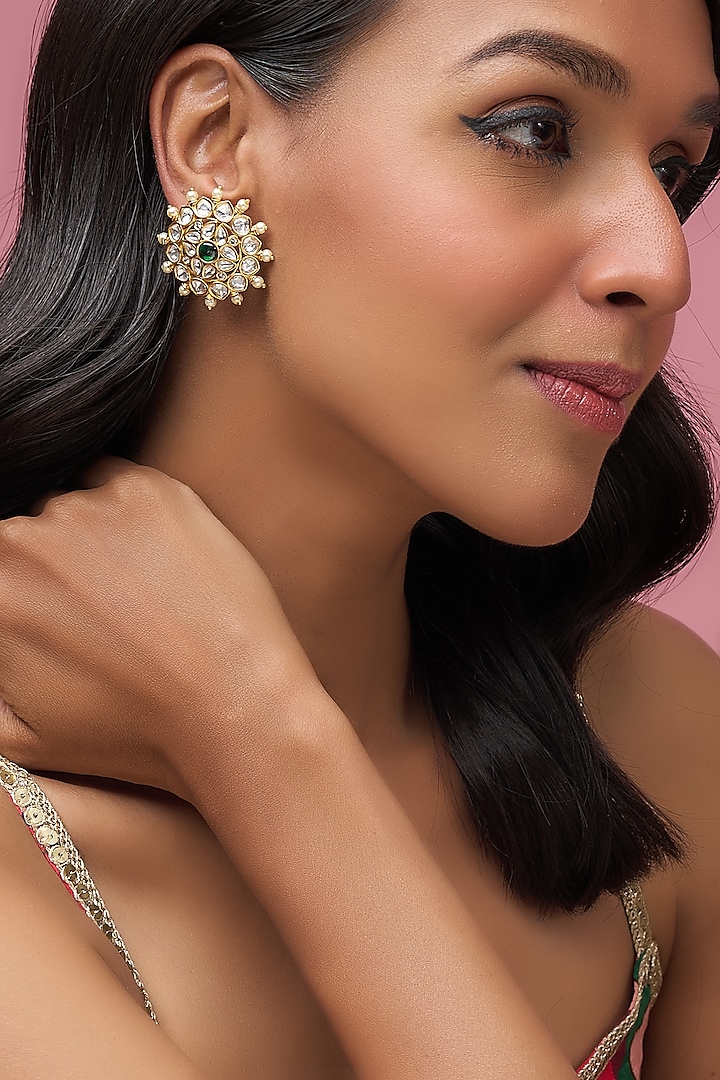 Gold Finish Uncut Stone & Pearl Stud Earrings by Aryah Jewels