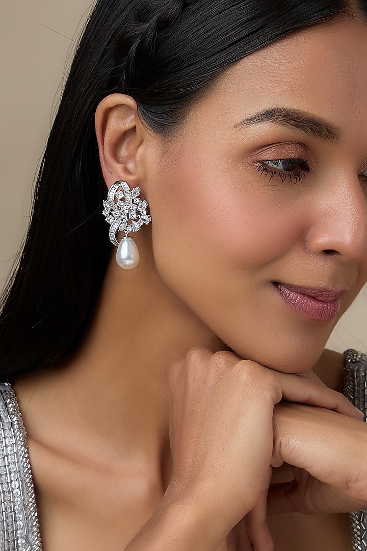 White Rhodium Finish Diamond & Pearl Dangler Earrings by Aryah Jewels