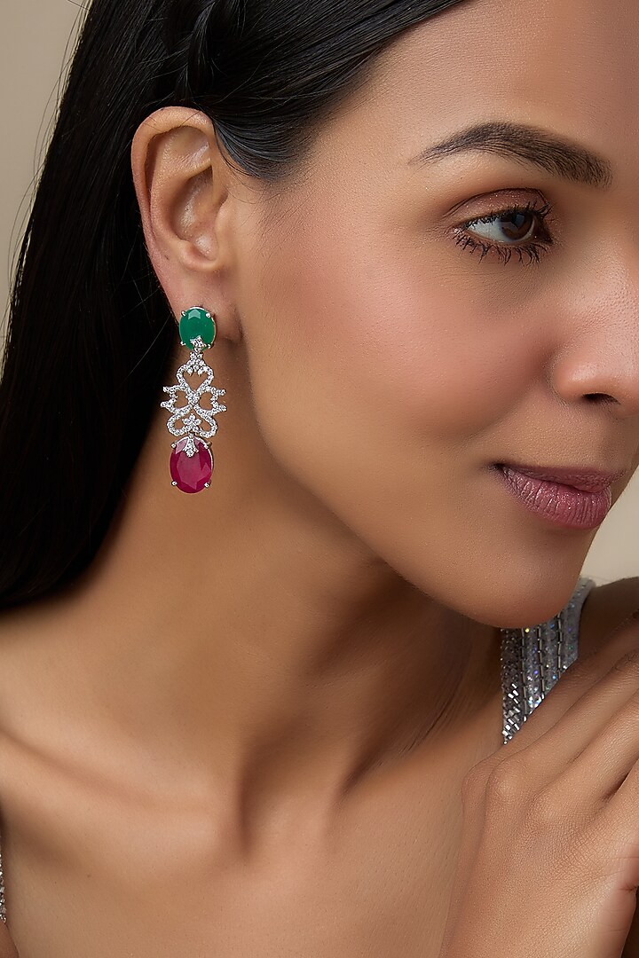 White Finish Emerald Stone & Diamond Dangler Earrings by Aryah Jewels at Pernia's Pop Up Shop