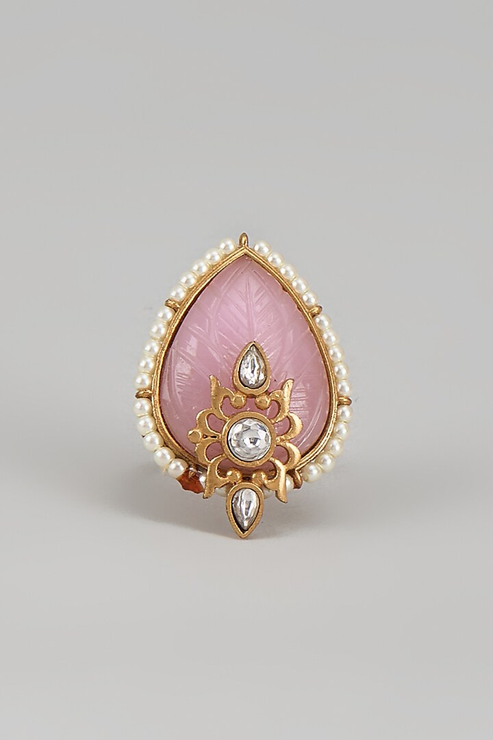 Gold Finish Ruby Stone & Pearl Ring by Aryah Jewels
