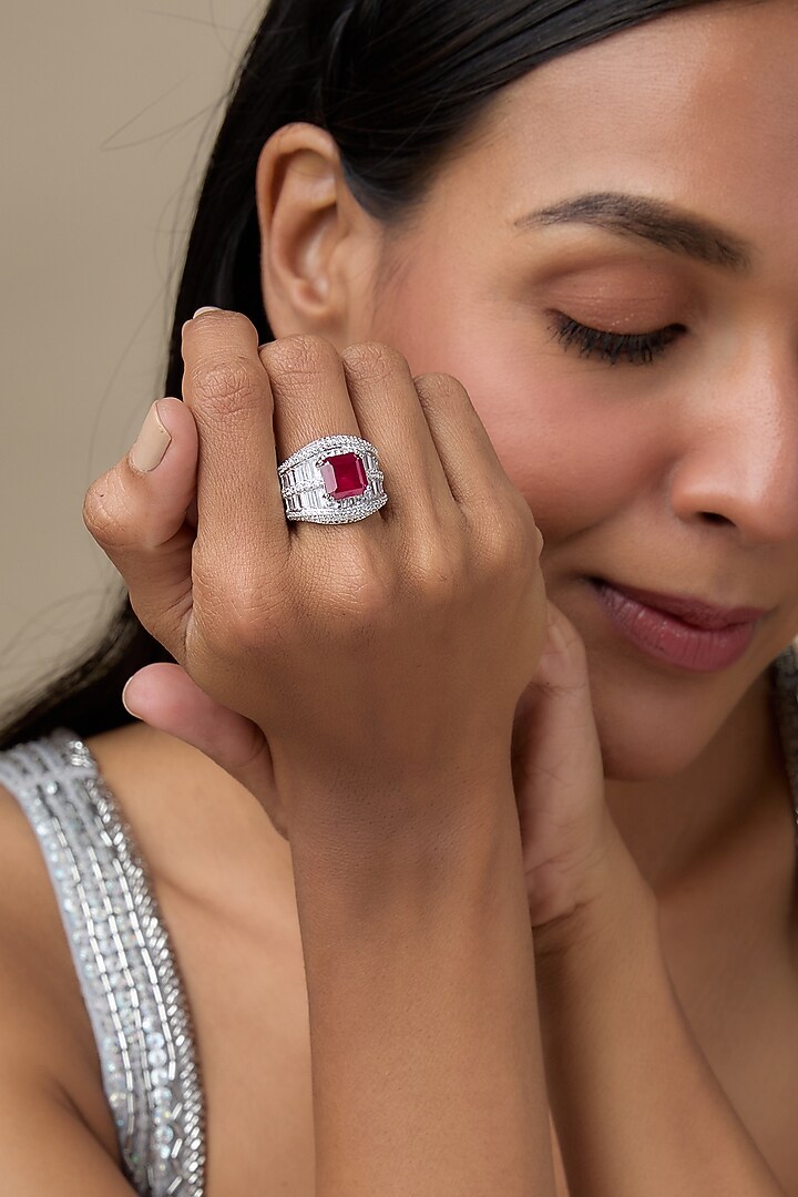 White Rhodium Finish Ruby Stone Ring by Aryah Jewels at Pernia's Pop Up Shop
