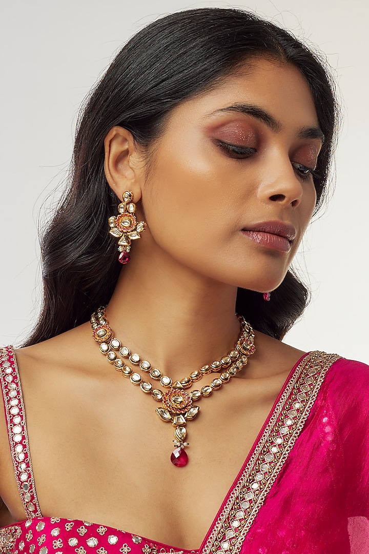 Gold Finish Kundan Polki & Ruby Stone Long Necklace Set by Aryah Jewels