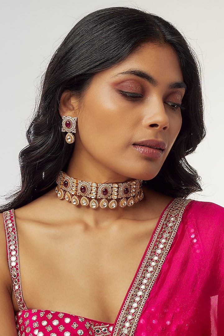 Gold Finish Kundan Polki & Amethyst Stone Choker Necklace Set by Aryah Jewels