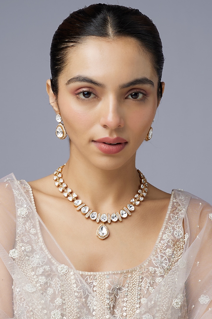 Gold Finish Uncut Stone Long Necklace Set by Aryah Jewels at Pernia's Pop Up Shop