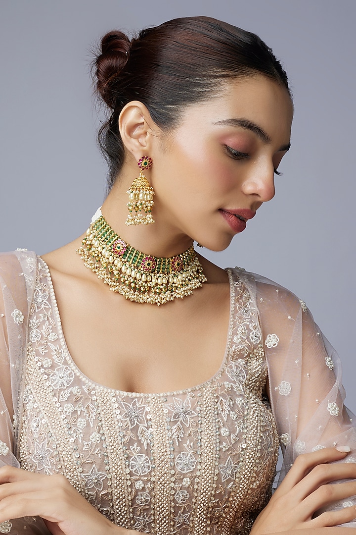 Gold Finish Kundan Polki & Moti Choker Necklace Set by Aryah Jewels at Pernia's Pop Up Shop