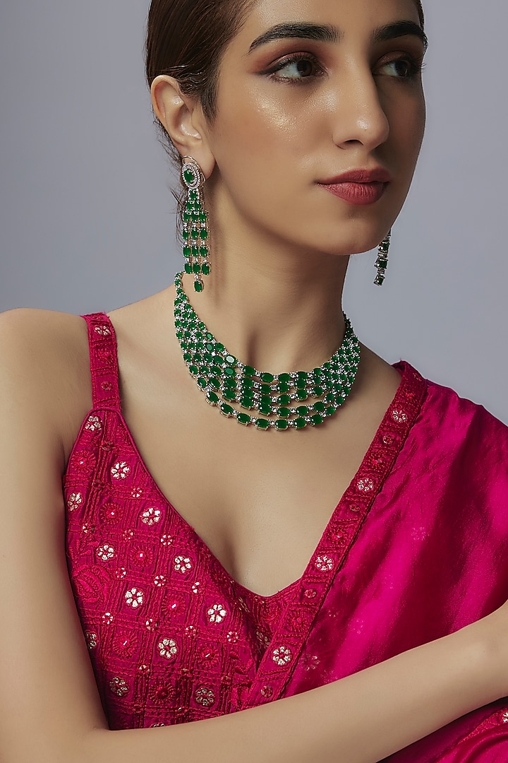 White Rhodium Finish Emerald & Diamond Layered Necklace Set by Aryah Jewels at Pernia's Pop Up Shop