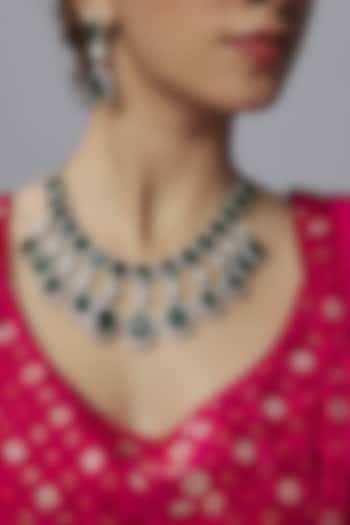 White Rhodium Finish Emerald & Diamond Layered Necklace Set by Aryah Jewels at Pernia's Pop Up Shop