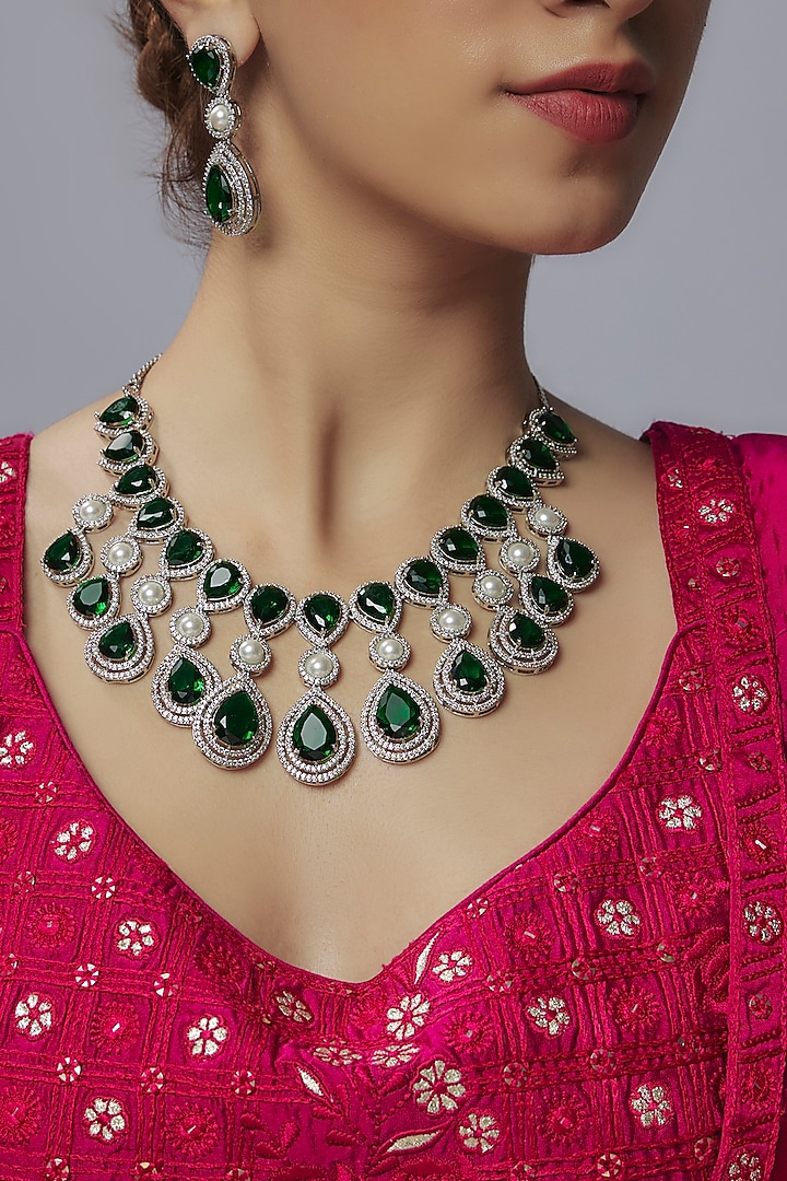 White Rhodium Finish Emerald & Diamond Layered Necklace Set by Aryah Jewels at Pernia's Pop Up Shop