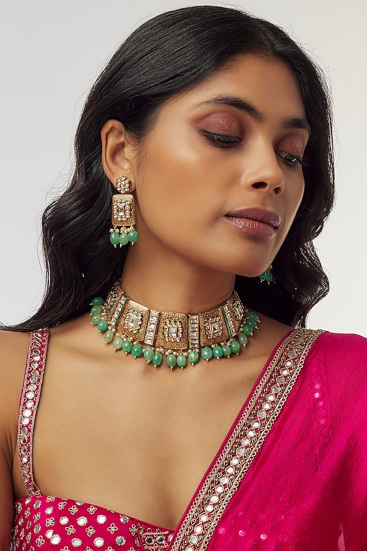Gold Finish Kundan Polki & Emerald Synthetic Stone Choker Necklace Set by Aryah Jewels