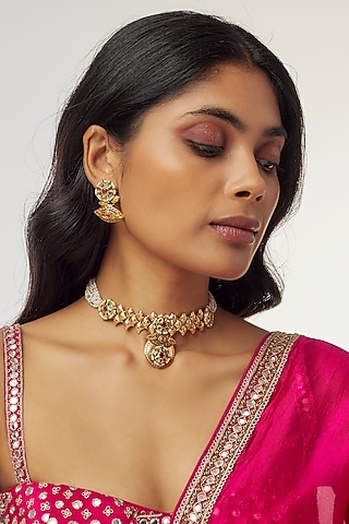 Gold Finish Pearls & Red Stone Beaded Choker Necklace Set by Aryah Jewels