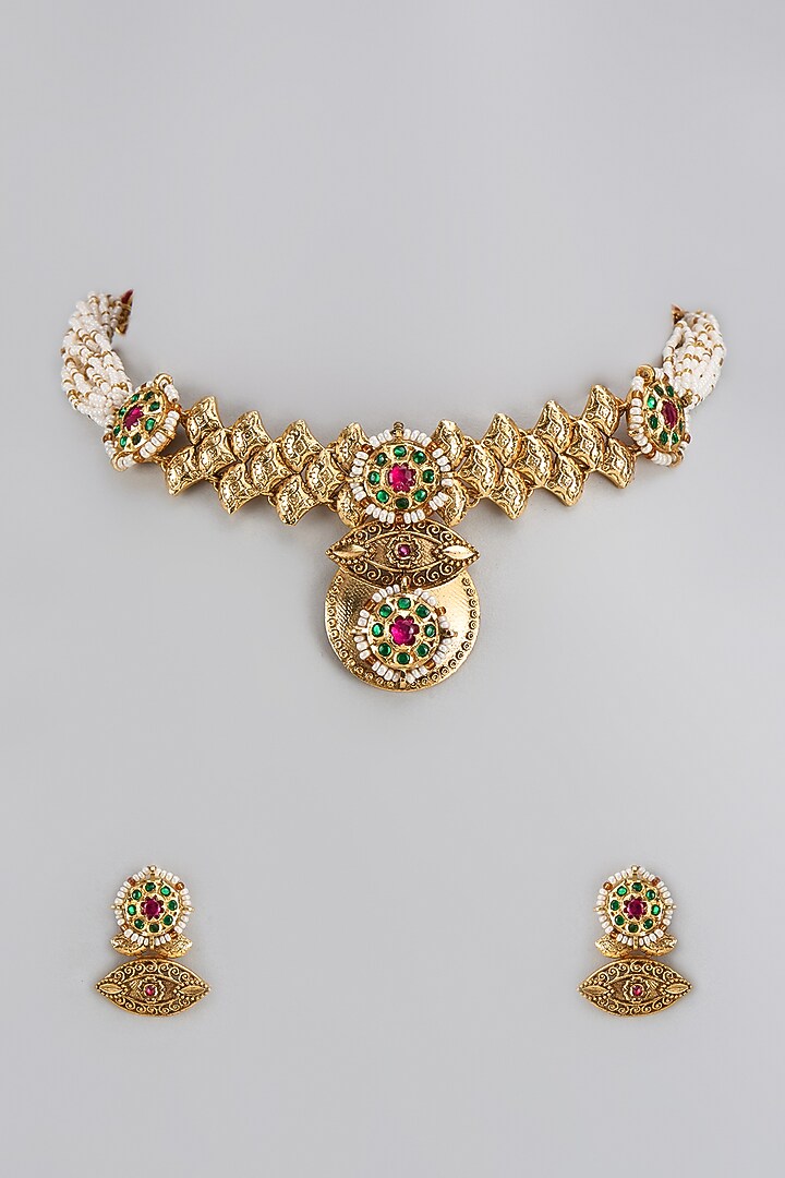 Gold Finish Pearls & Red Stone Beaded Choker Necklace Set by Aryah Jewels at Pernia's Pop Up Shop