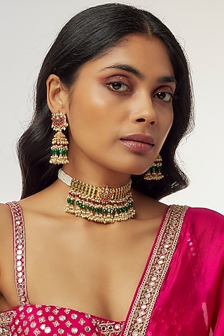 Gold Finish Red & Green Beaded Choker Necklace Set by Aryah Jewels