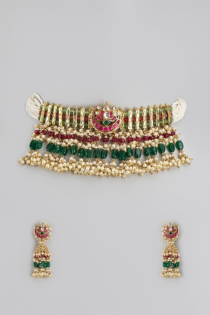 Gold Finish Red & Green Beaded Choker Necklace Set by Aryah Jewels at Pernia's Pop Up Shop