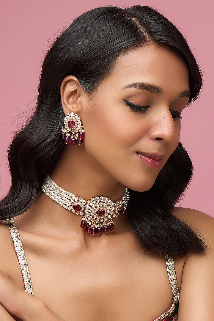 Gold Finish Pearl & Maroon Beaded Choker Necklace Set by Aryah Jewels at Pernia's Pop Up Shop