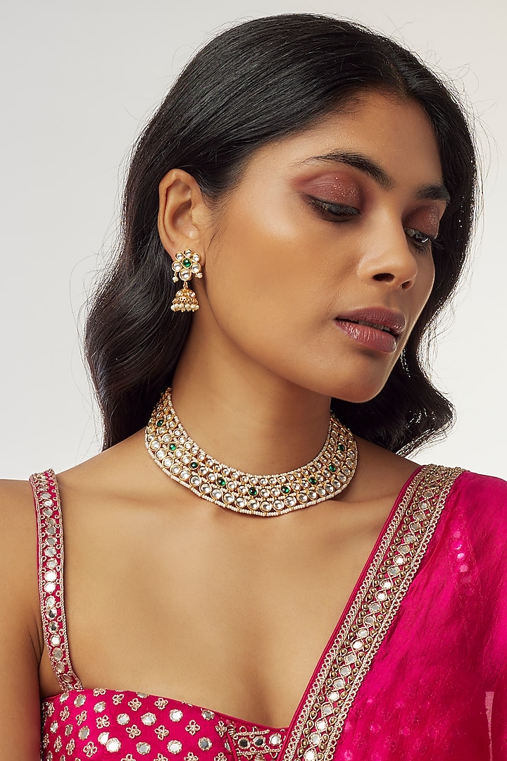 Gold Finish Kundan Polki & Emerald Stone Choker Necklace Set by Aryah Jewels