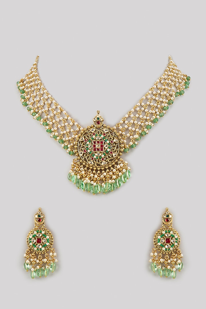 Gold Finish Pachi Kundan Polki & Mint Green Beaded Layered Necklace Set by Aryah Jewels at Pernia's Pop Up Shop