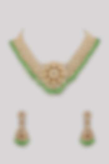 Gold Finish Pachi Kundan Polki & Jadau Stone Layered Necklace Set by Aryah Jewels at Pernia's Pop Up Shop