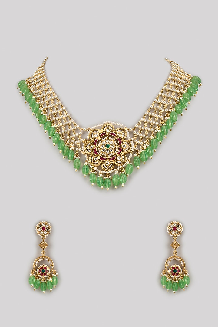 Gold Finish Pachi Kundan Polki & Jadau Stone Layered Necklace Set by Aryah Jewels at Pernia's Pop Up Shop
