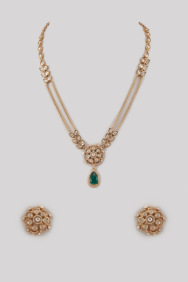Gold Finish Kundan Polki & Uncut Zircon Long Pendant Necklace Set by Aryah Jewels at Pernia's Pop Up Shop