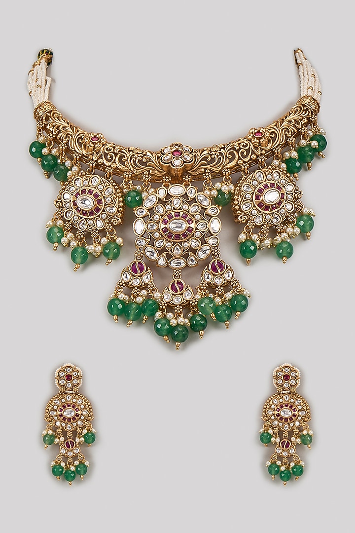 Gold Finish Ruby Red & Emerald Green Stone Choker Necklace Set by Aryah Jewels at Pernia's Pop Up Shop