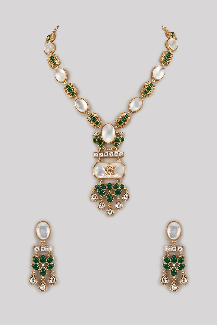 Gold Finish Green Kundan Polki & Uncut Zircon Pendant Necklace Set by Aryah Jewels at Pernia's Pop Up Shop