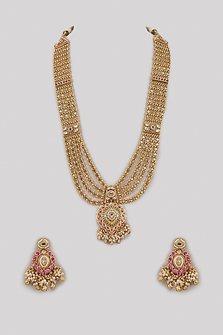 Gold Finish Kundan Polki & Ruby Long Temple Necklace Set by Aryah Jewels