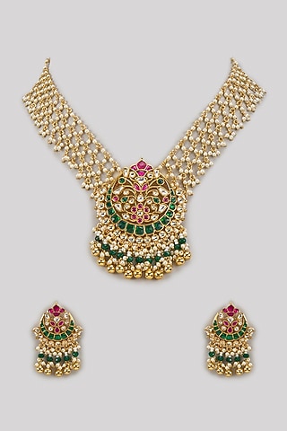 Gold Finish Pachi Kundan Polki & Ruby Layered Necklace Set by aryah jewels