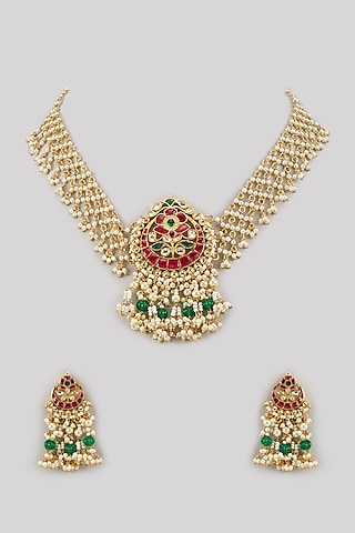 Gold Finish Pachi Kundan Polki & Ruby Layered Necklace Set by Aryah Jewels