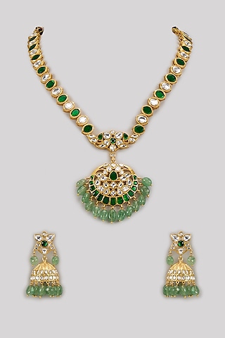 Gold Finish Pachi Kundan Polki & Emerald Stone Necklace Set by Aryah Jewels